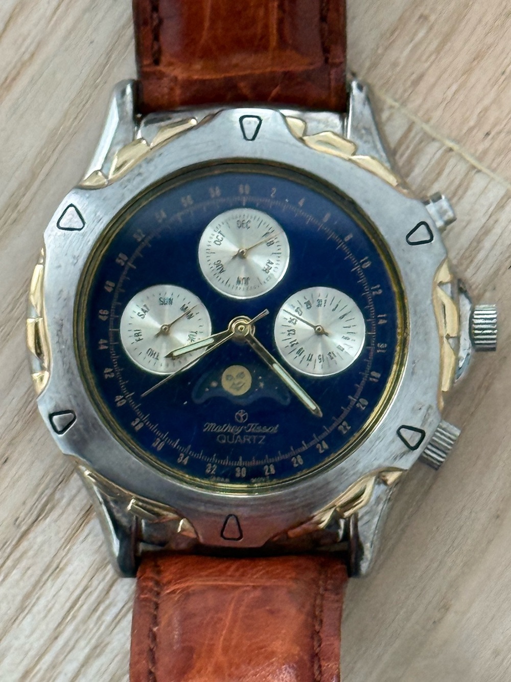 Mathey-Tissot Moon Phase Rare Vintage Men’s Watch Blue Dial Leather Strap